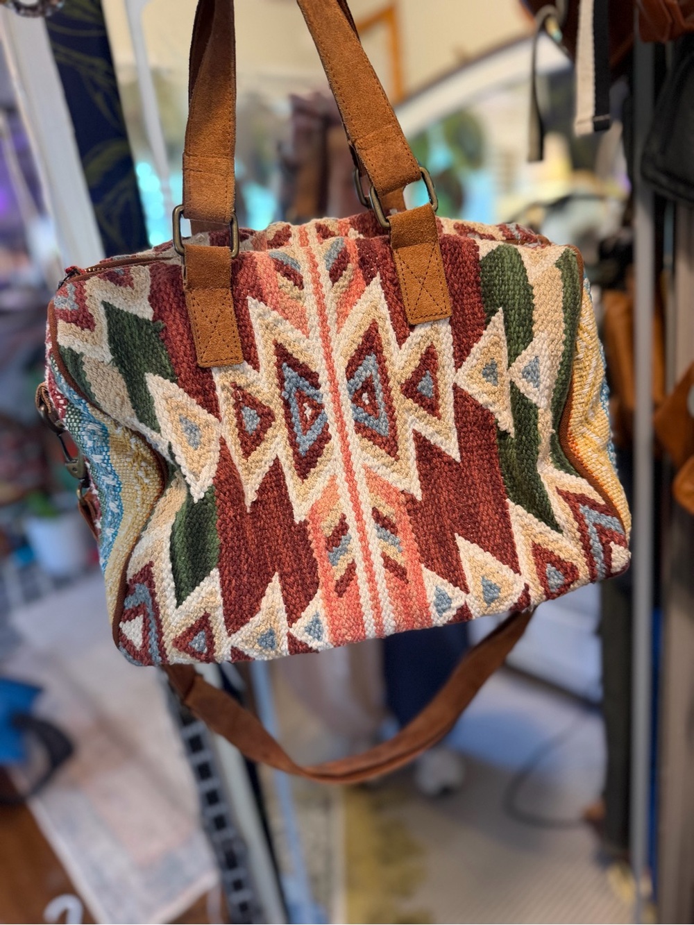 Boho Aztec Tapestry Tote in Rust and Green